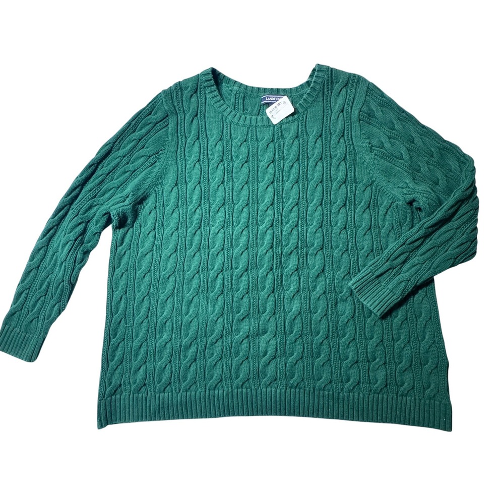 Lands End Drifter Sweater Womens 3X Green Cable Knit Cotton Preppy Classic
